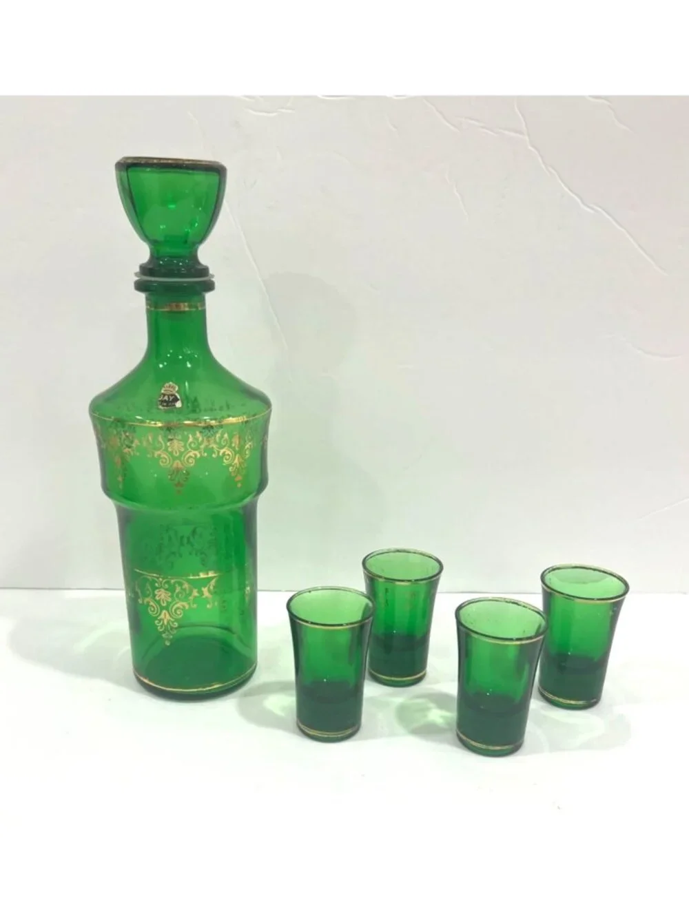 Vintage Cristallerie Artistiche DFP Emerald Green Decanter with 4 glasses,Italy